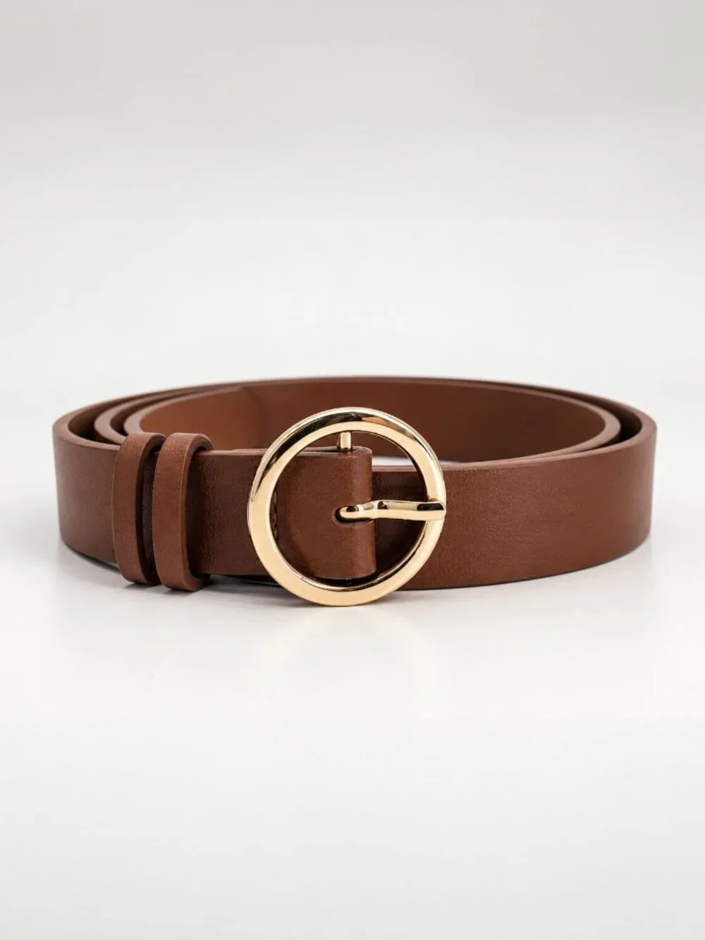 Brown Skinny Belt Gold Round Buckle Women’s Waist Belt